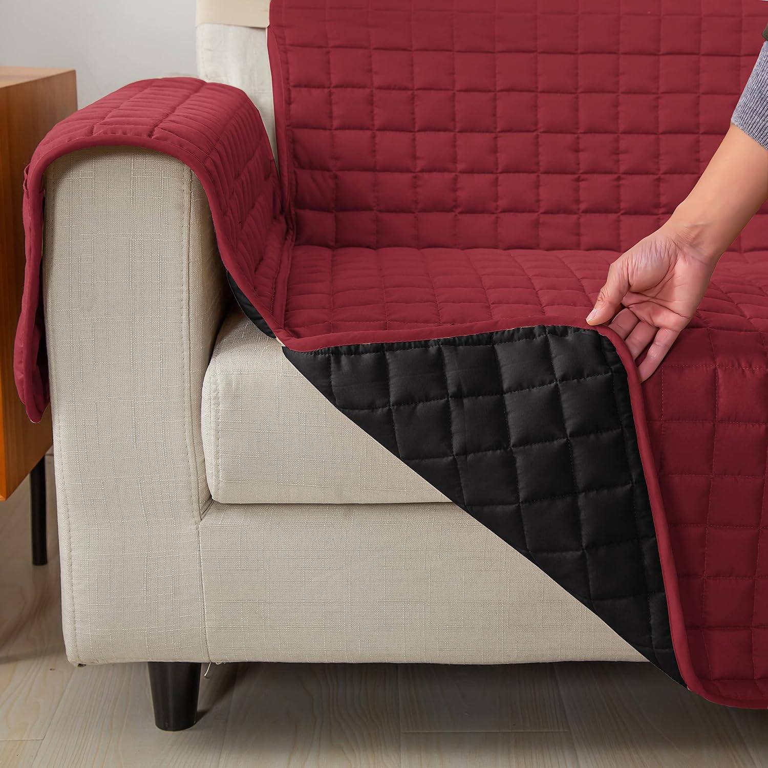Elegant Comfort Quilted Furniture Protectors Solid and Printed Design Reversible Slipcovers Featuring Elastic Straps and Smart Pockets Great for Pets, Kids and More, Loveseat, Burgundy/Black