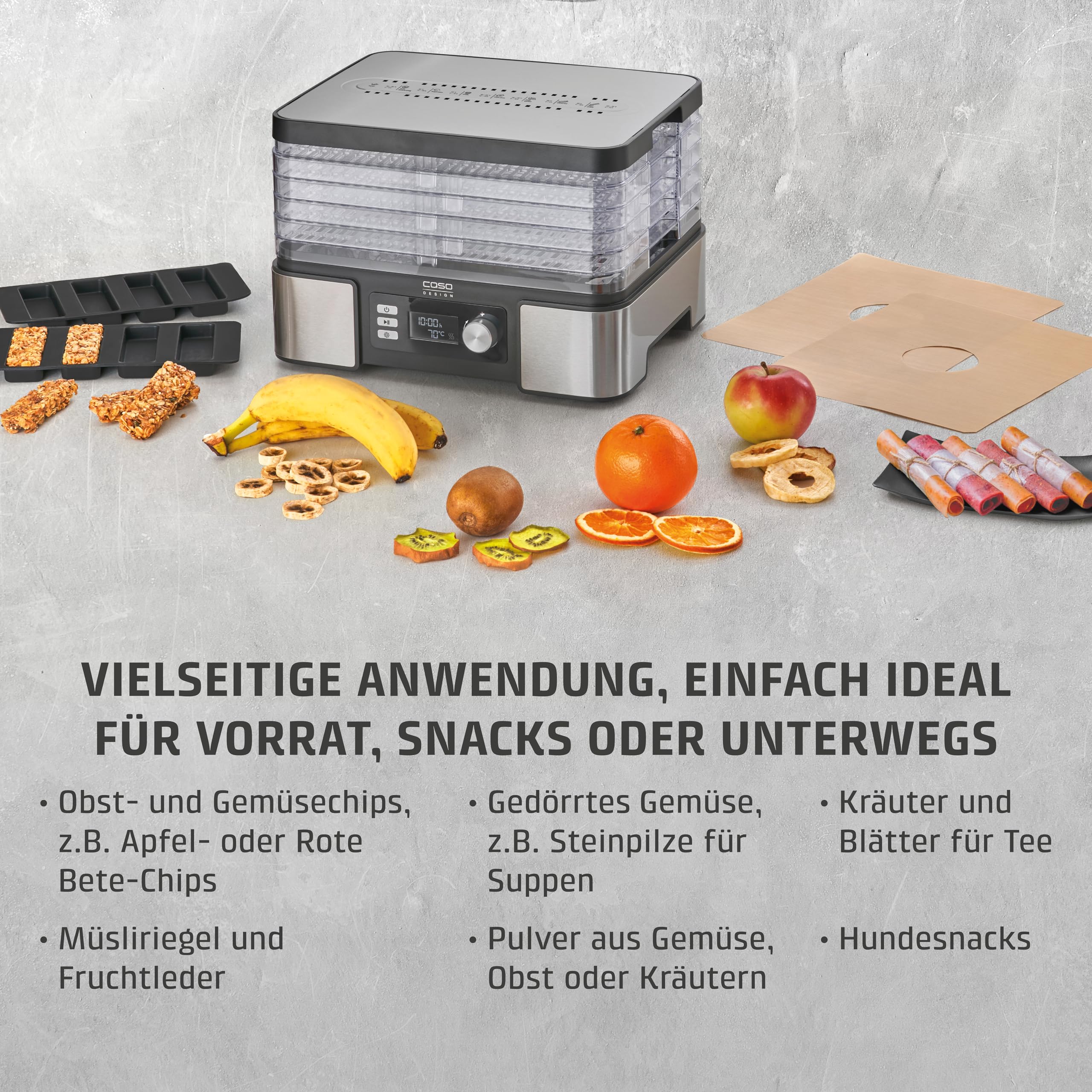 Caso DH 450 Dörrautomat, Testsieger Haus & Garten Test, für z.B. Obst, Gemüse, Kräutern etc., Temperatur individuell einstellbar von 30 ‐ 70 °C, Timer einstellbar von 0,5 ‐ 48 h