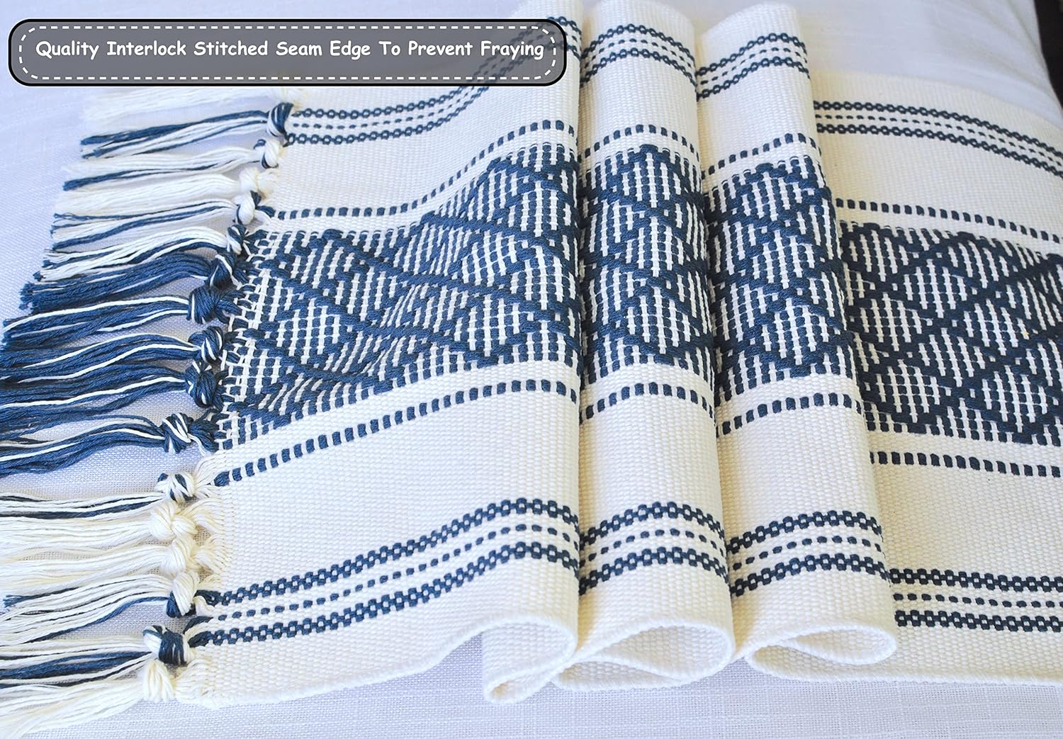 Boho Table Runner with Tassel 14 x 72 Inches, Blue & Cream, Woven Washable Dresser Scarf and Topper for Bedroom, Farmhouse Entry / Console Table Cover with Fringe.