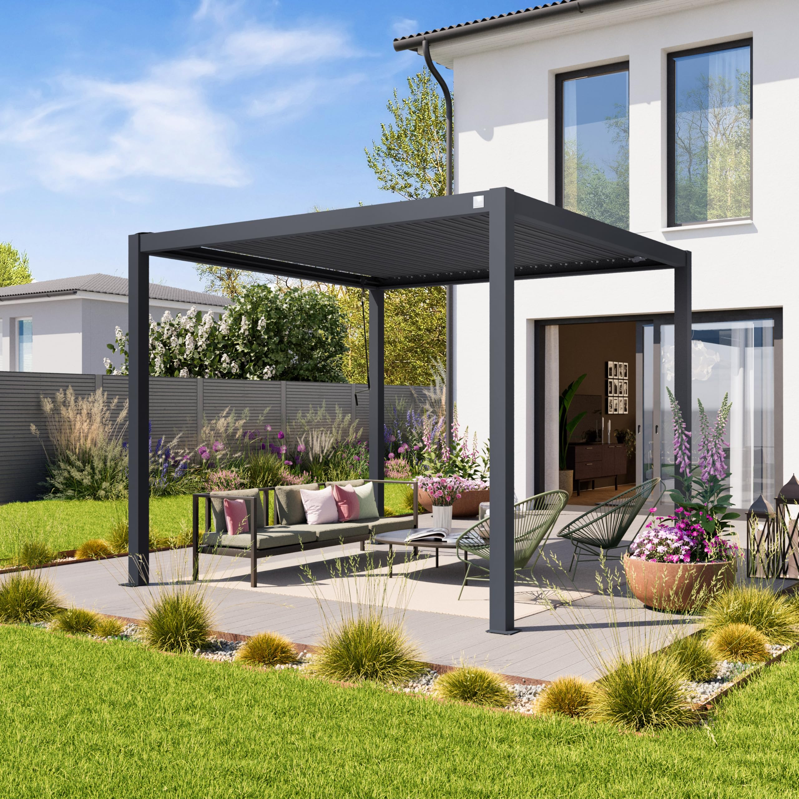 PRIMEYARD Pérgola 3x3 m Postes de Aluminio con Techo de Lamas de Acero pabellón de jardín Antracita