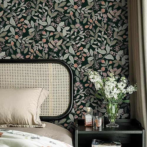 Vista 18 de Ismoon Papel tapiz verde para despegar y pegar, diseño bohemio floral y hojas en papel adhesivo grueso, papel adhesivo botánico oscuro, extraíble