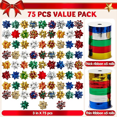 Miniatura 2 de JOYIN Surtido de 75 lazos de Navidad con 2 rollos de cintas, lazos de regalo autoadhesivos multicolor de 3 pulgadas y cintas rizadas para envolver
