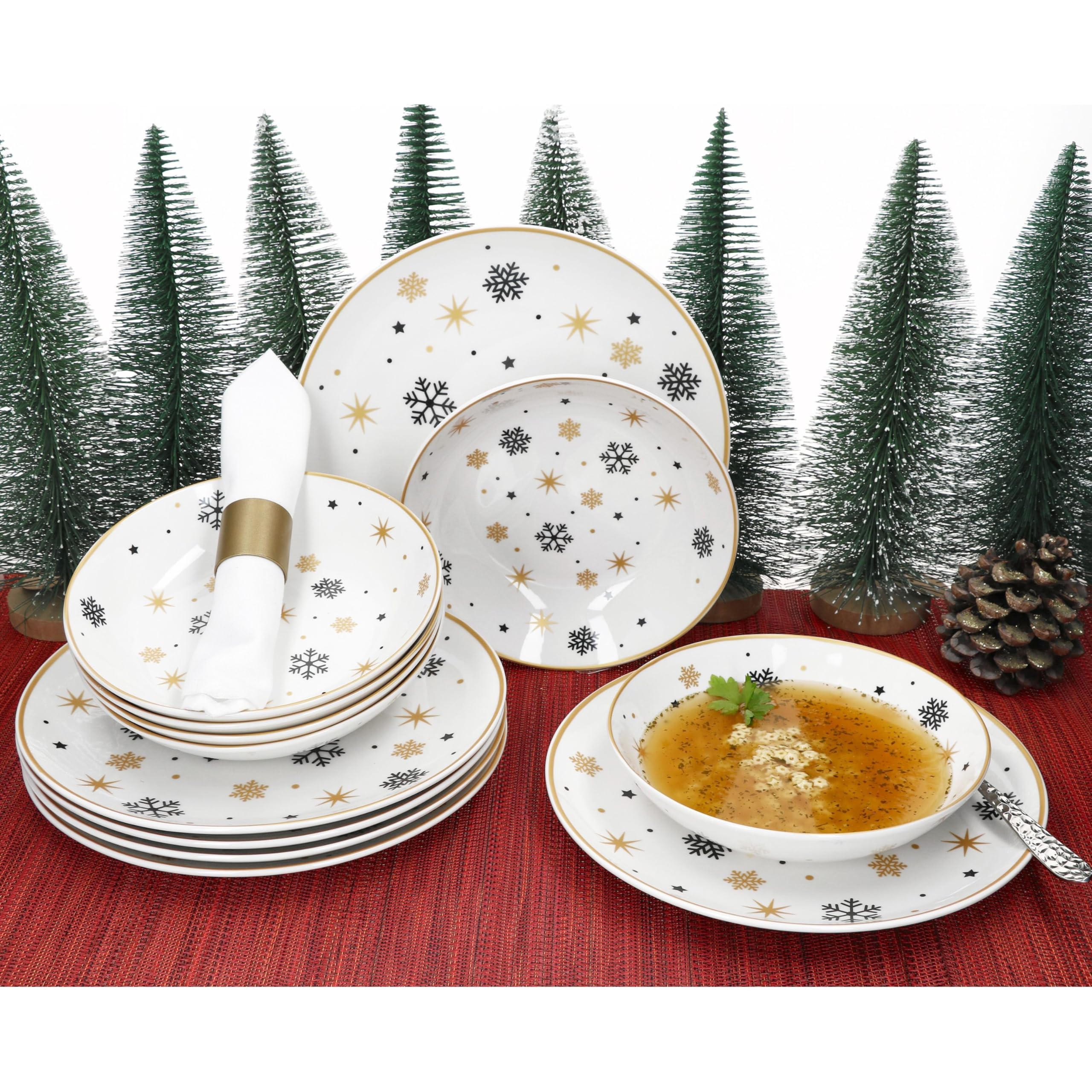 MamboCat Stars schwarz & Gold 12tlg Tafelservice I Steingut-Geschirr für 6 Personen Sternen & Schneeflocken I 6X Flache Speiseteller & 6X Tiefe Suppenteller 500ml