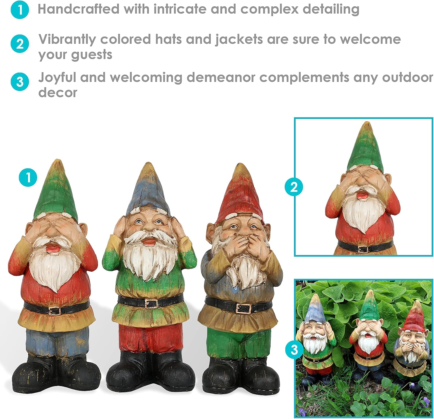 Sunnydaze Three Wise Garden Gnomes - Hear, Speak, and See No Evil Set - Outdoor Lawn Statues