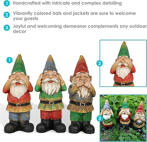 Miniatura 2 de Sunnydaze Tres gnomos de jardín sabios - Escucha, habla y no ve el mal set - Estatuas de césped al aire libre