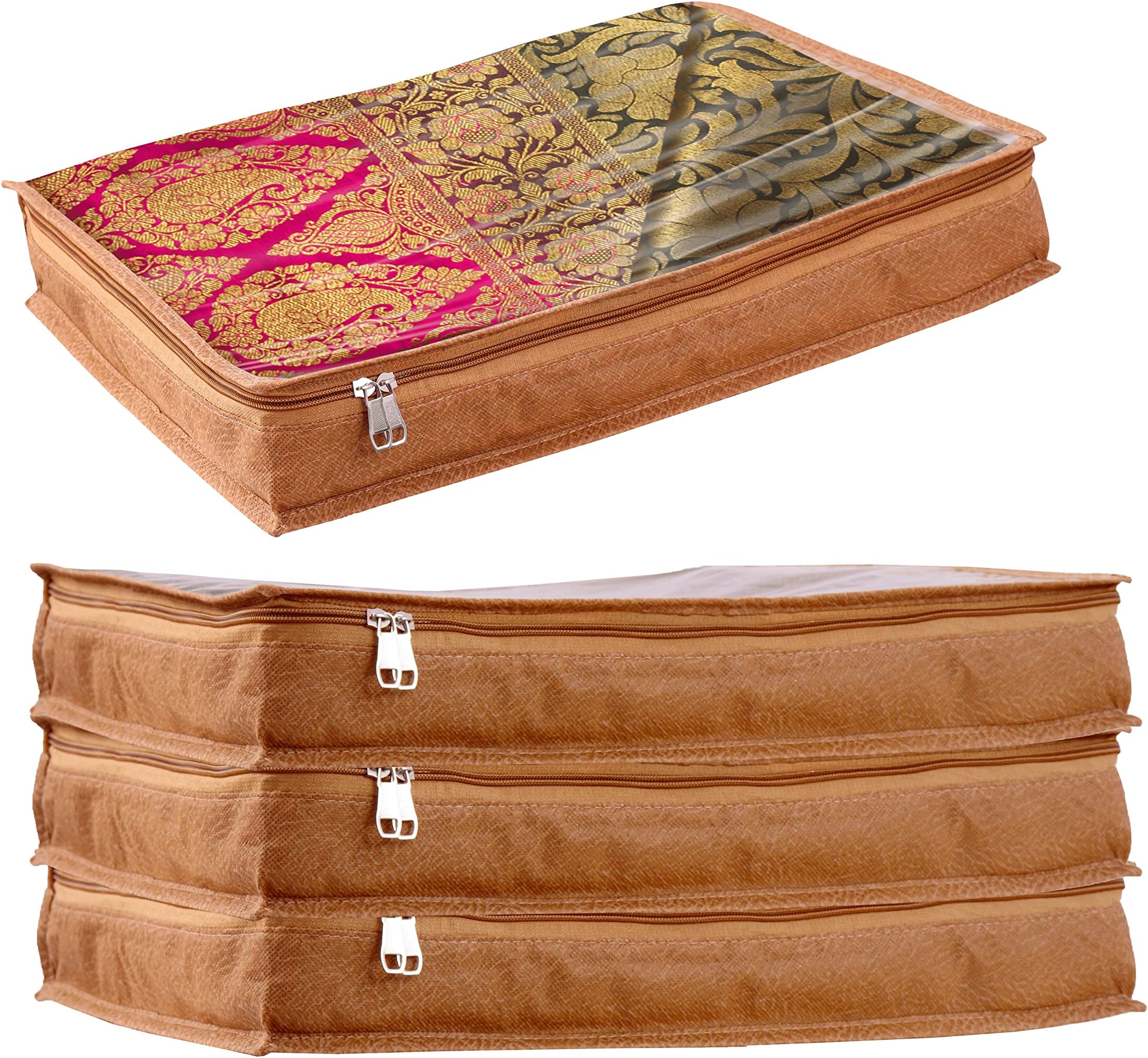 JD FRESH 4 Pcs Non-Woven Saree Covers For Storage/Saree Bags with Zip/Multi-Purpose Lehenga Storage Bag/Clothes Covers for Dresses/Sarees/Lehengas (16.5x13x3 Inch)