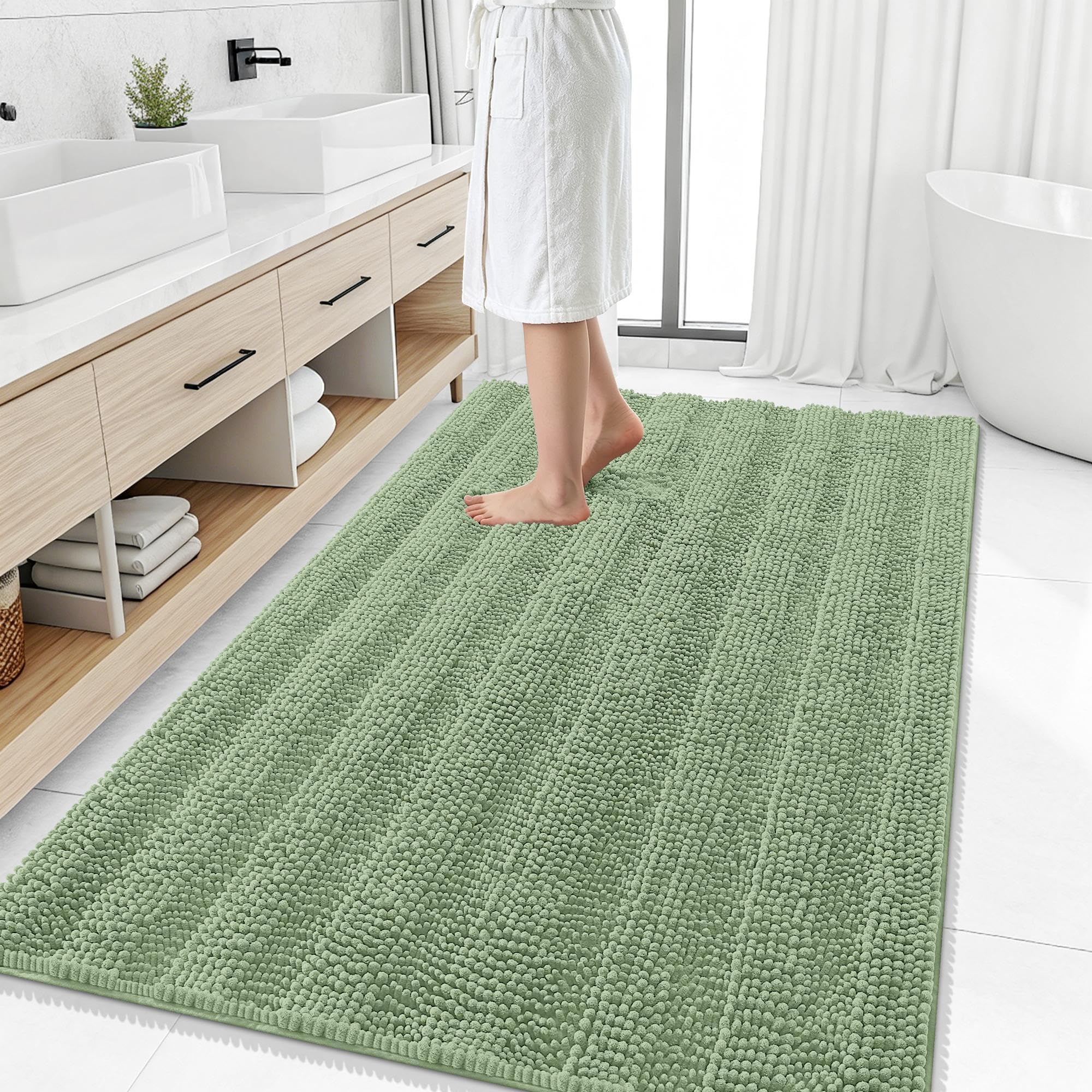 Smiry Thick Chenille Large Bathroom Runner Rugs 50x30, Bath Mat, Sage Green