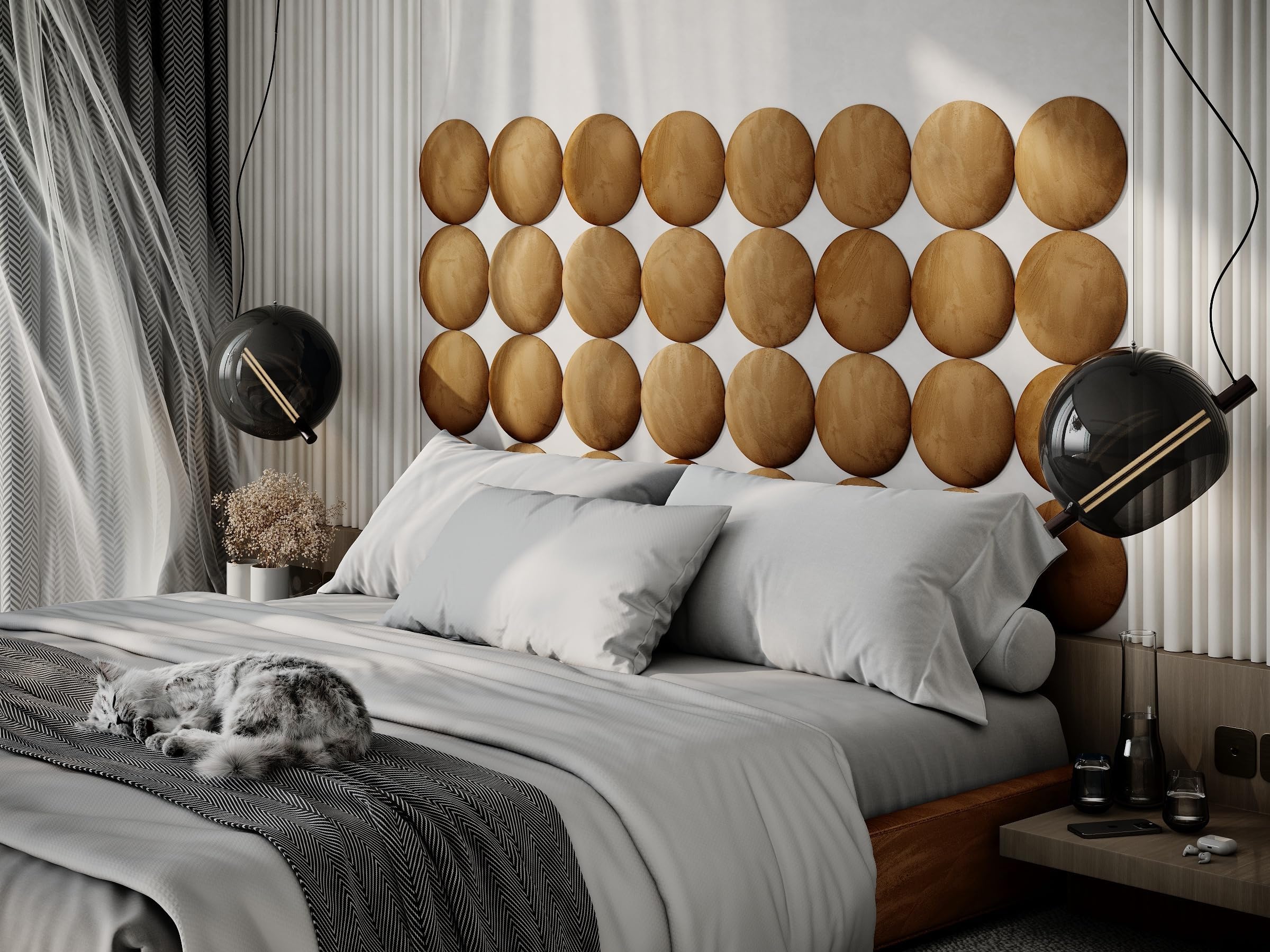 ua acoustics 4 Pack — Upholstered Decorative Wall Panels Velvet Headboard Padding | Cushioned Planks | Padded Decor Collision Avoidance | Acoustic Soundproofing Treatment | (Gold, 4x Round (25x25cm))