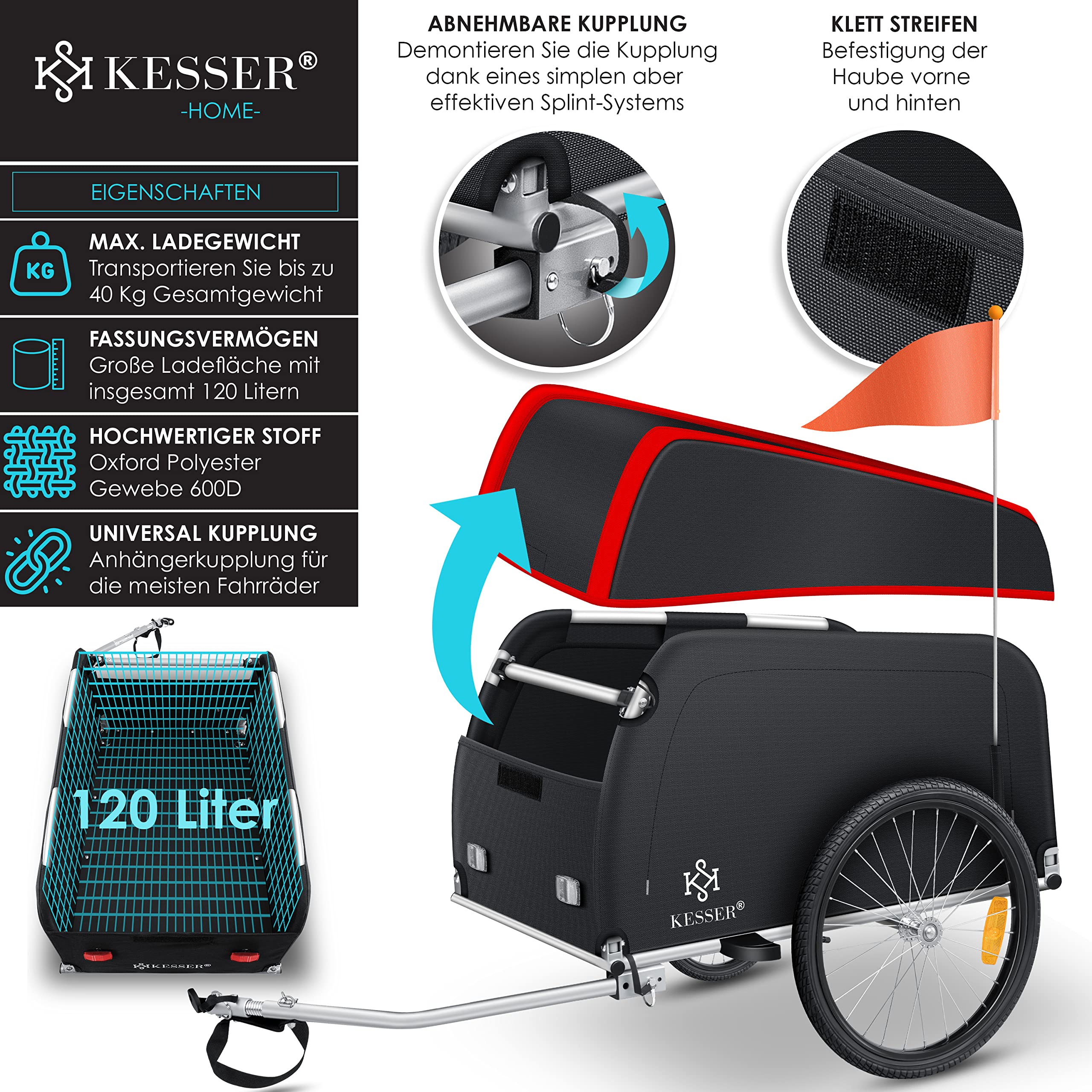 KESSER® Fahrradanhänger, Lastenanhänger, Handwagen mit Kupplung, Hochdeichsel, für Fahrrad Transportanhänger Transportbox mit 70 Liter Volumen, Max. 60kg, Zubehör für Fahrräder mit 26-28 Anthrazit KESSER® Fahrradanhänger, Lastenanhänger, Handwagen mit Kupplung, Hochdeichsel, für Fahrrad Transportanhänger Transportbox mit 70 Liter Volumen, Max. 60kg, Zubehör für Fahrräder mit 26-28 Anthrazit