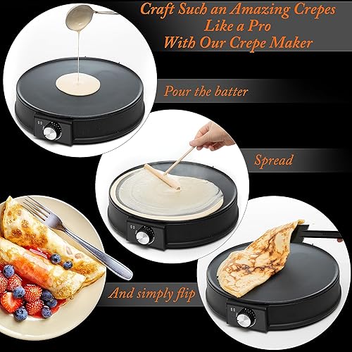 Miniatura 4 de Moss & Stone Máquina eléctrica de 12 pulgadas para hacer crepes y crepé. Máquina eléctrica de crepas con temperatura ajustable para panqueques y