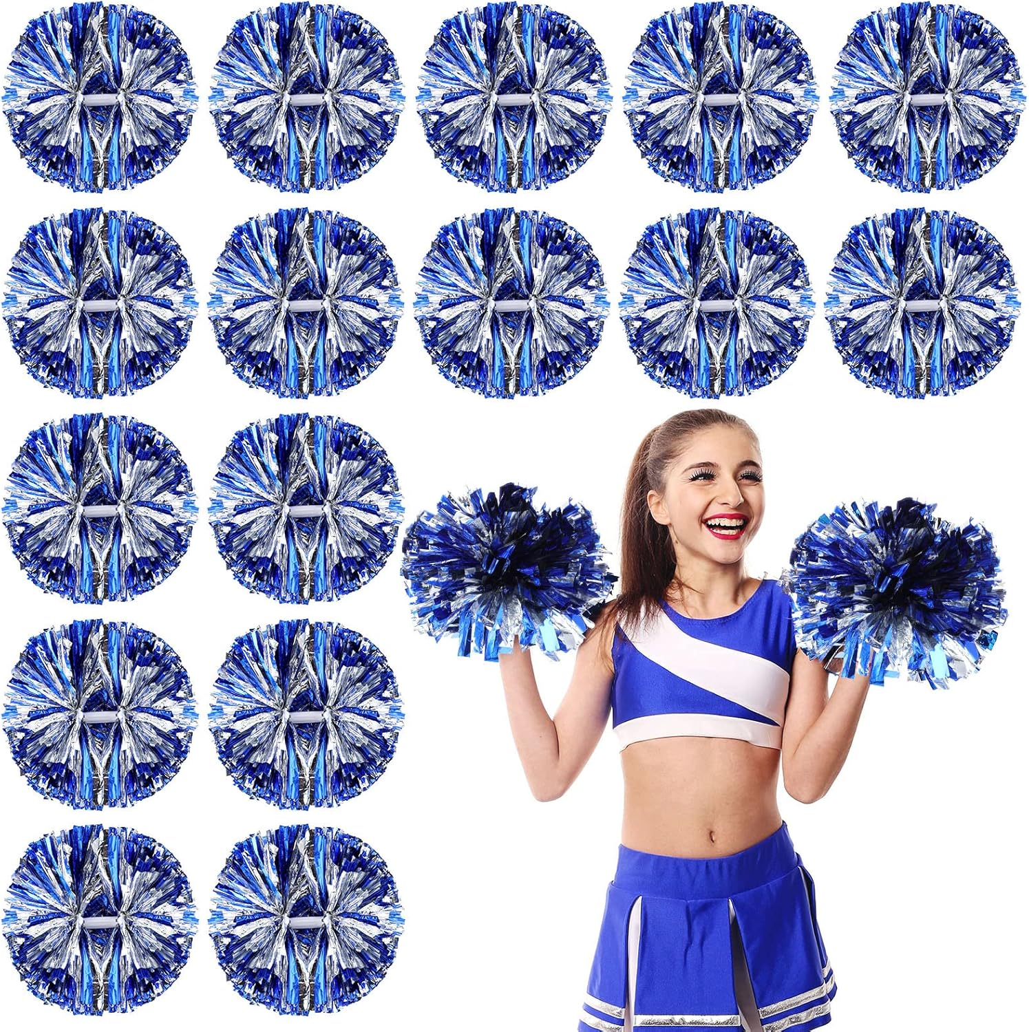 50 Pcs Cheerleading Pom Poms with Handle Bulk Metallic Foil Plastic Cheerleader Pom