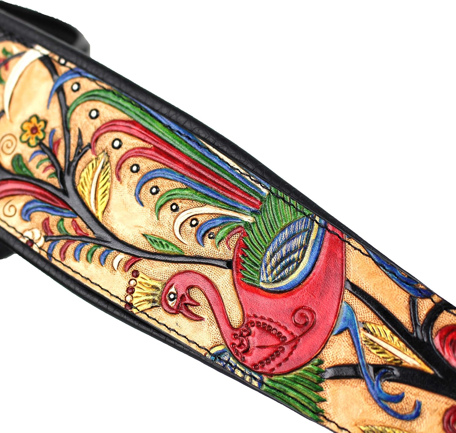 Walker And Williams KB-55-TN Handmade Heritage Series Guitar Strap With Traditional Peacock And Sparrow Design On Premium Tan Carved Leather For Acoustic, Electric, And Bass Guitars