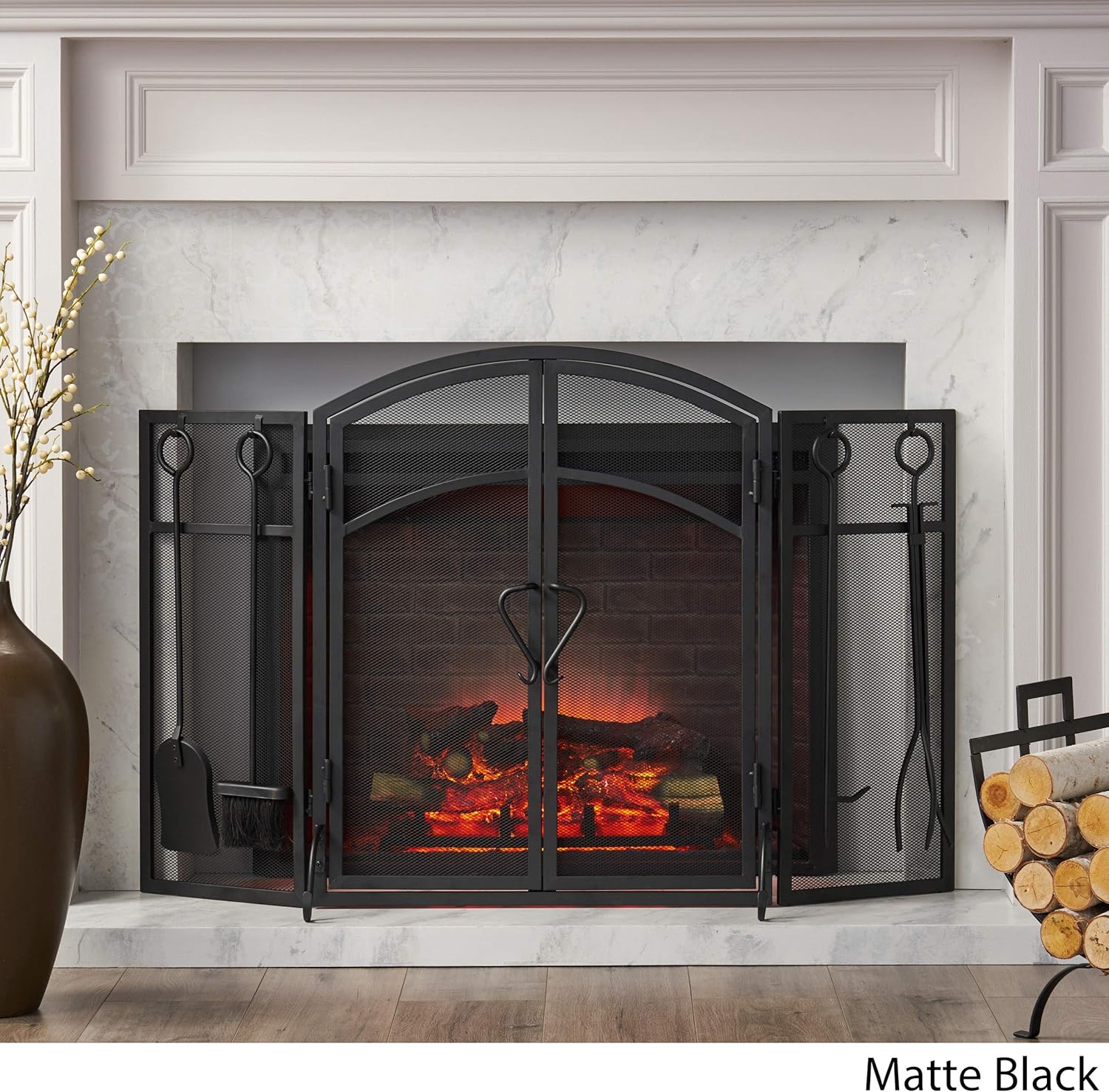 Christopher Knight Home Darlene Modern Iron Folding Fireplace Screen with Door and Tools, Matte Black