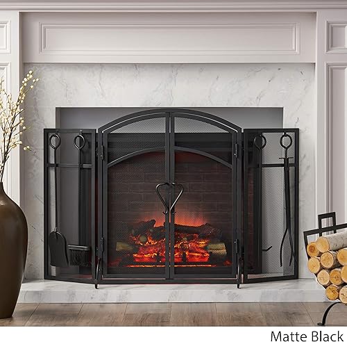 Miniatura 3 de Christopher Knight Home Darlene - Pantalla plegable de hierro moderno para chimenea con puerta y herramientas, color negro mate