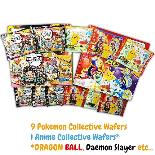 Miniatura 2 de Surtido de golosinas japonesas, caja de oblea de calcomanías colectivas de anime con 9 obleas de Pokémon, 1 obleas de anime como Daemon Slayer