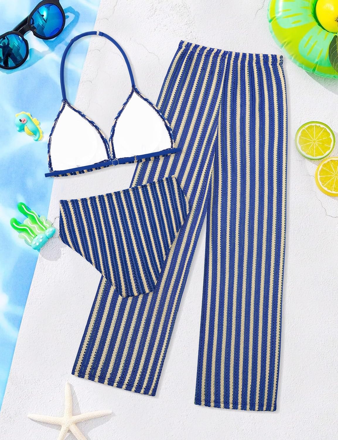 Girls Swimsuit V-Neck Halter Backless 3 Piece Bikini Sets with Cover Up Pants Stripe Bathing Suit for Girls 7-14 Years