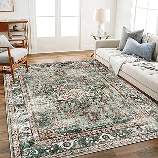 6'x9' Green Washable Area Rug Boho Chic Medallion Distressed Design Non-...