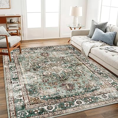 Washable Area Rug 8'x10' Boho Chic Medallion Distressed Design Non-Shedding Easy Care Ideal for High Traffic Areas in Living Room Bedroom Office Coffee Table Large Carpet