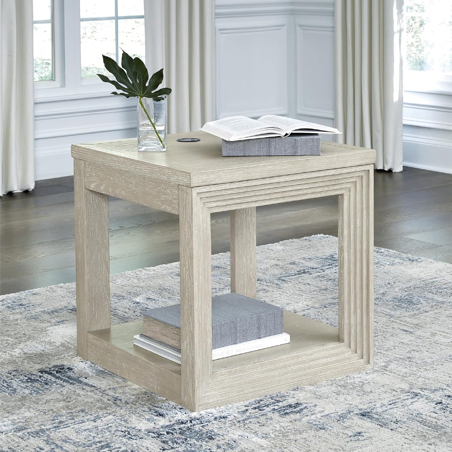 Signature Design by Ashley Marxhart Art Deco End Table with Shelf and Wireless Charging, Beige