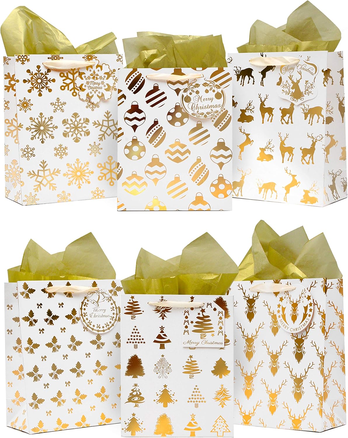 12 Pack Christmas Holiday Foil Gold Gift Bags with Tissue Papers and Name Card Tags; Assorted White Winter Prints for Party Favors Goody Bags, Xmas Presents, Classrooms and Wrapping Stocking Stuffers.