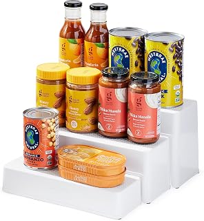 YouCopia ShelfSteps Tiered Adjustable Canned Goods Shelves for Kitchen Cabinet and Pantry Organization, 3 Shelf, White
