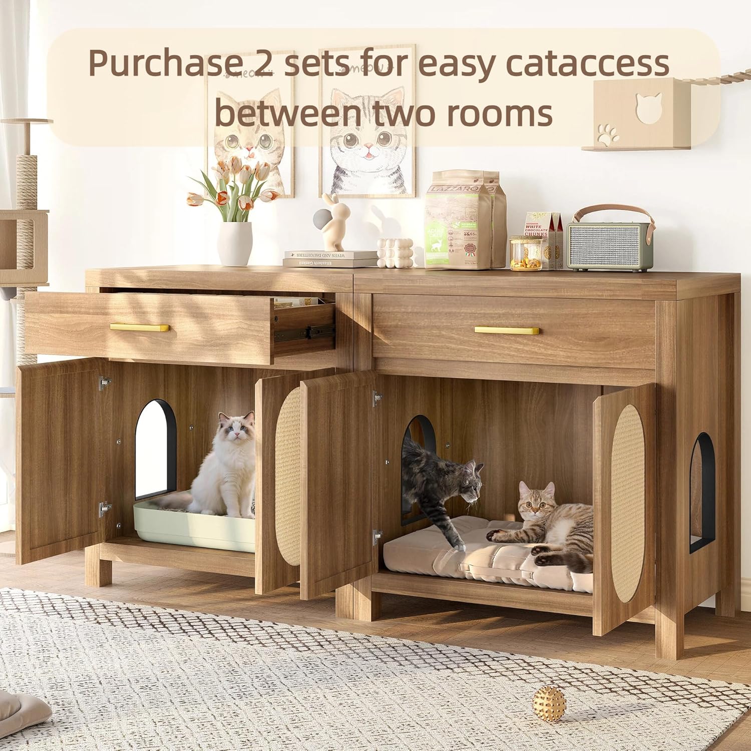 Wooden Cat Litter Box Enclosure, Hidden Cat Litter Box Furniture with Scratch Pad, Storage Drawer, Farmhouse Indoor Cat House Washroom End Table for Living Room, Brown