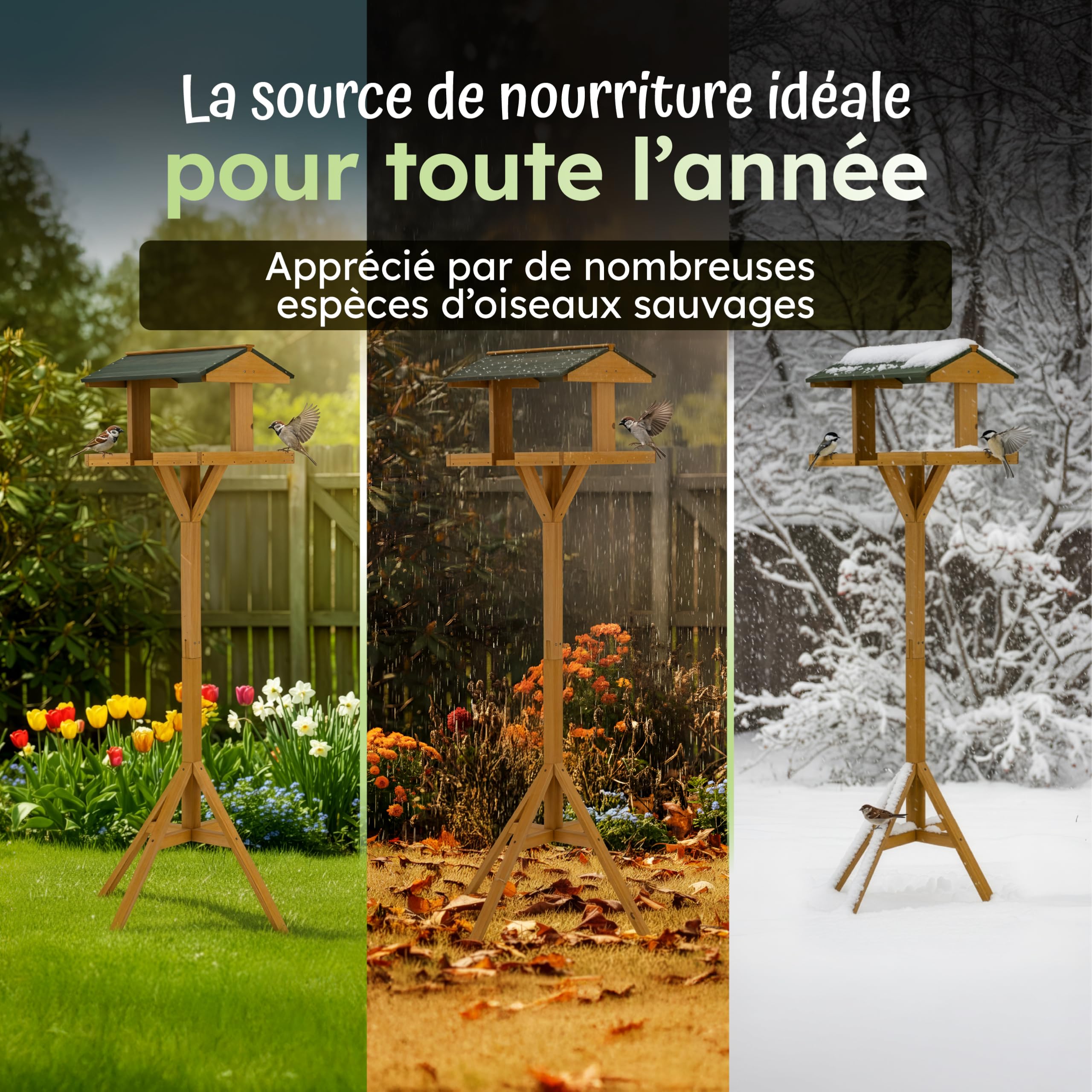 Moorland Nichoir Mangeoire Oiseaux Exterieur sur Pied 116 cm avec Toit – Grande Mangeoire Cabane Oiseaux en Bois de Sapin pour Jardin Balcon Terrasse – Résistant aux Intempéries Toute l'Année – VH5
