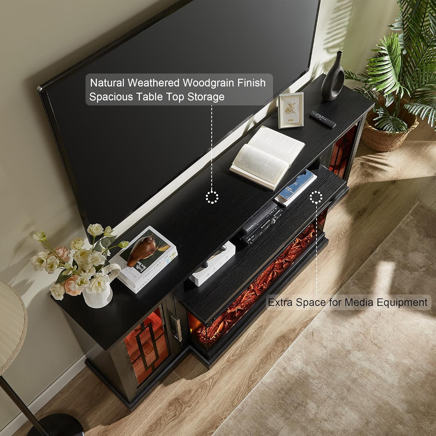 Diagram showing the overall dimensions of the 75-inch TV stand and weight limitations for the top and shelves.