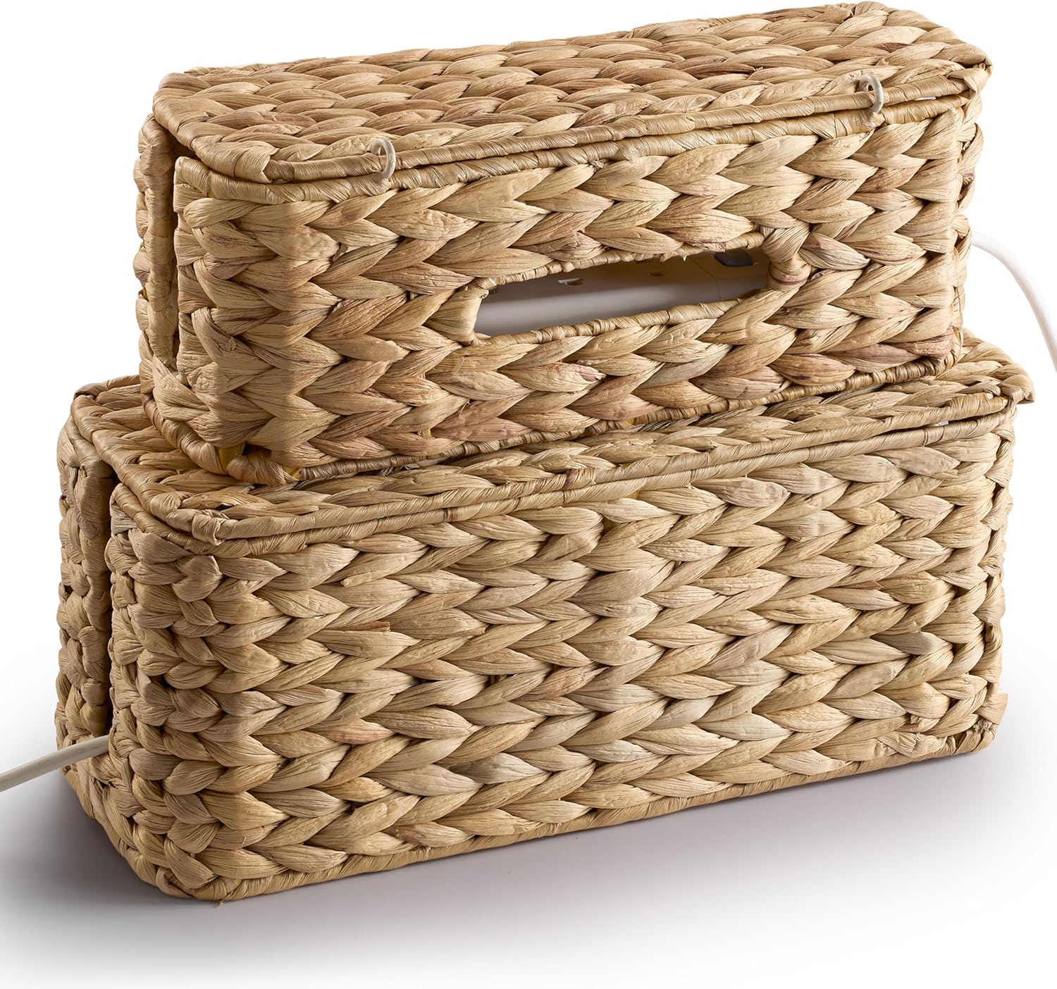 TIDITA Set of 2 Wicker Large Cable Management Box - Cord Box Hider for Home, Office - Water Hyacinth Cable Hider Box, Surge Protector Box for TV Wires, Computer - Power Strip Box - 3 Slots, Secure Lid