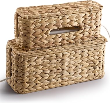TIDITA Set of 2 Wicker Large Cable Management Box - Cord Box Hider for Home, Office - Water Hyacinth Cable Hider Box, Surge Protector Box for TV Wires, Computer - Power Strip Box - 3 Slots, Secure Lid