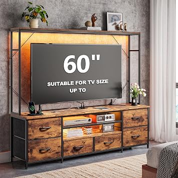 Romorgniz 55" W Entertainment Center with LED Lights & Power Outlets, TV Stand with 6 Drawers for 55/60 Inch TV with Top Wooden Display Shelf for Living Room Bedroom Steel Frame Rustic Brown