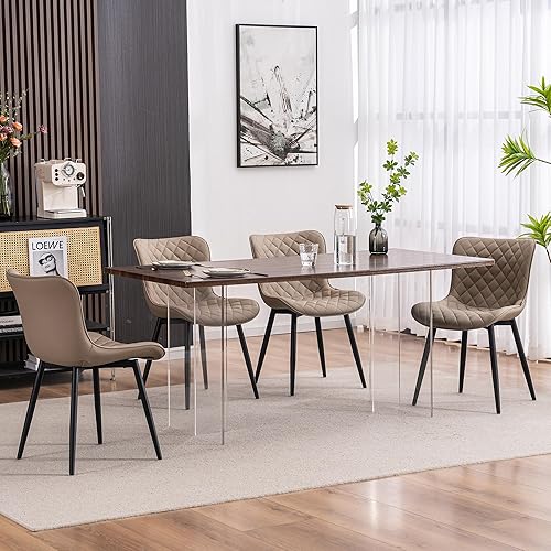 Miniatura 4 de YOUTASTE Juego de 2 sillas de comedor color caqui, modernas de mediados de siglo, tapizadas de piel sintética, tapizadas con diamantes, sillas de