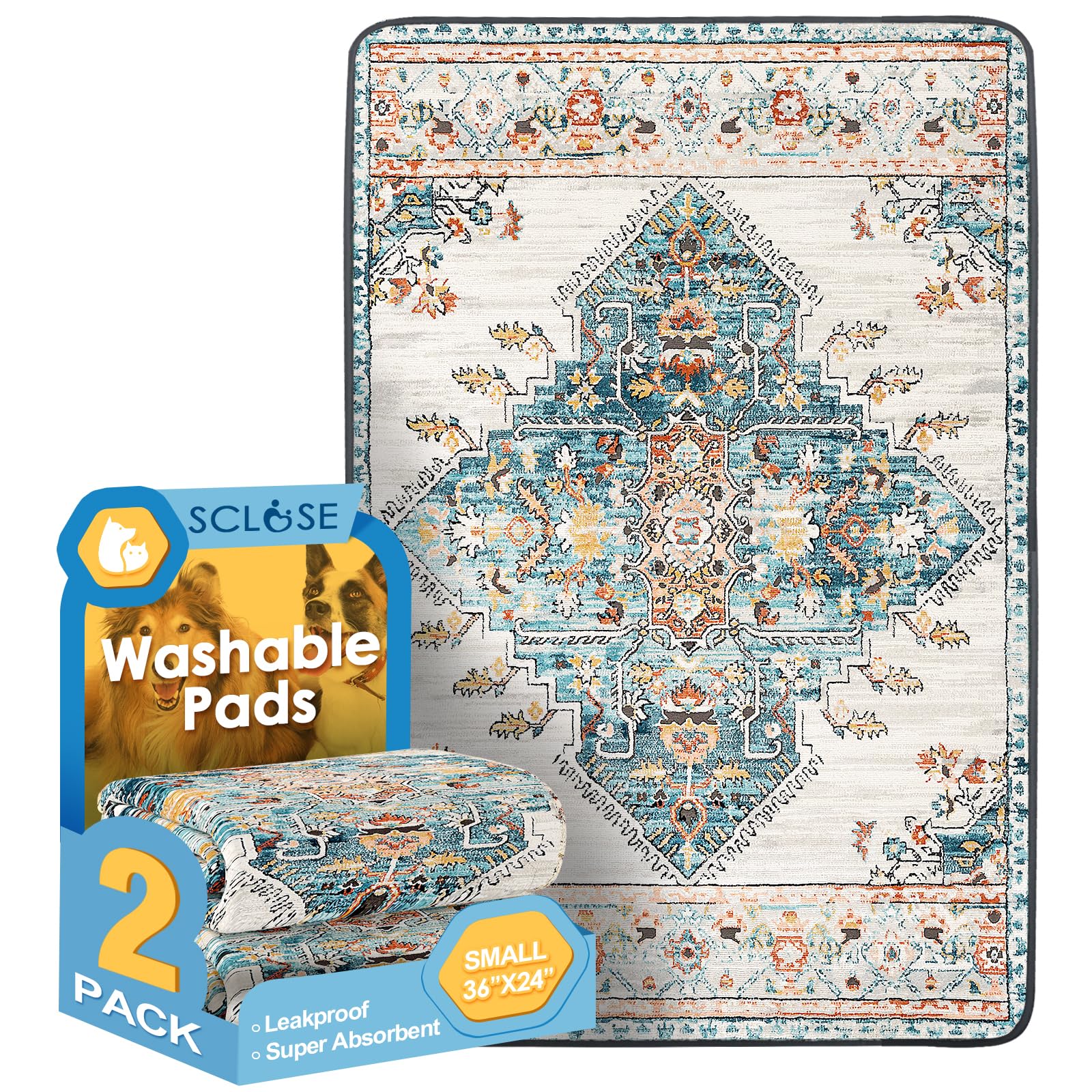 SCLOSE Washable Pee Pads for Dogs 2 Pack, 36" x 24" Reusable Puppy Pads Waterproof, Super Absorbent Dog Rugs, Leakproof, Dog Crate Pad, Playpen Mat, Whelping Pads, Blue Medallion