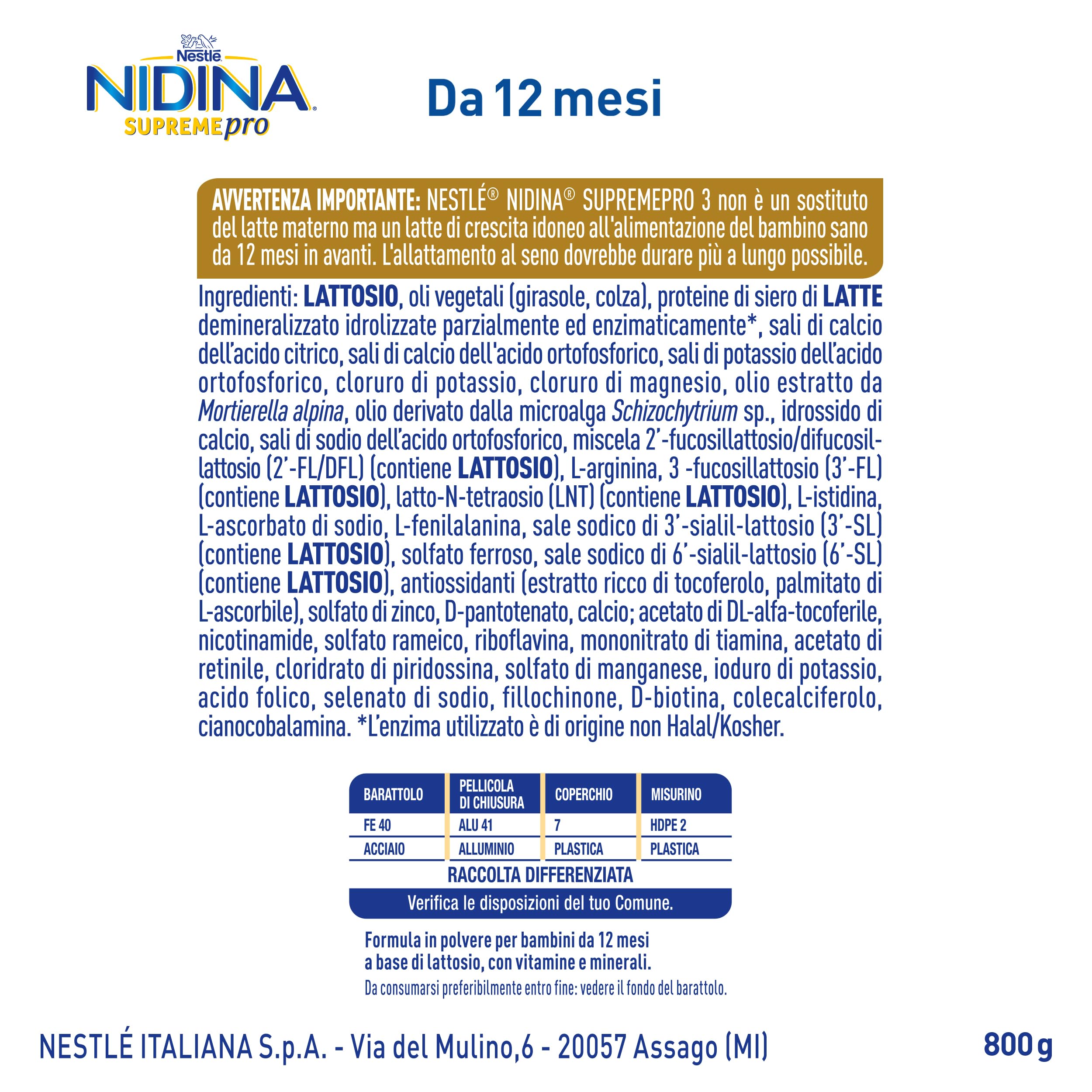 NIDINA SUPREMEpro 3 Latte di Crescita Polvere da 12 mesi, Latta 800g