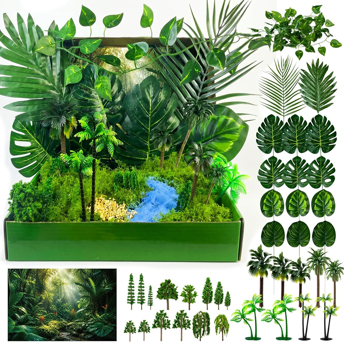 Kit de diorama de selva tropical simulada de 44 piezas con caja para bricolaje