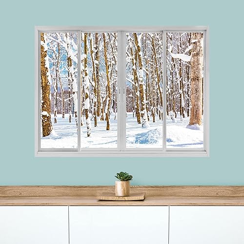 Miniatura 3 de wall26 Adhesivo mural removible para pared, vista de ventana, nieve, invierno, montaña, bosque, árboles, naturaleza, fotografía, realismo, paisaje