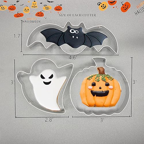Miniatura 2 de Juego de cortadores de galletas de Halloween, 3 piezas, cortador de galletas de acero inoxidable, moldes de calabaza, fantasma, murciélago,