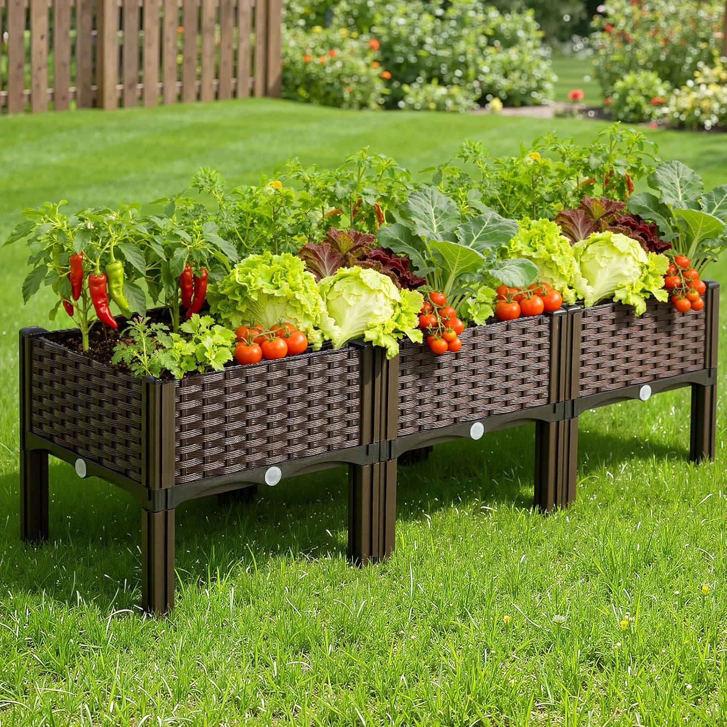 Warmiehomy Raised Garden Bed 120x40x37cm, Raised Garden Kit with Drainage Holes, Outdoor Elevated Plastic Planter Box for Growing Plants, Vegetables, Flowers and Herbs, Brown