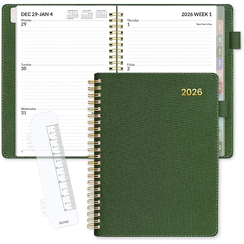 SUNEE 2026 Weekly & Monthly Planner 6.4"x8.5"- 12 Month (January 2026 - December 2026), Vegan Leather Cover, Pocket, Bookmark, Notes, Monthly Tab, Deep Green
