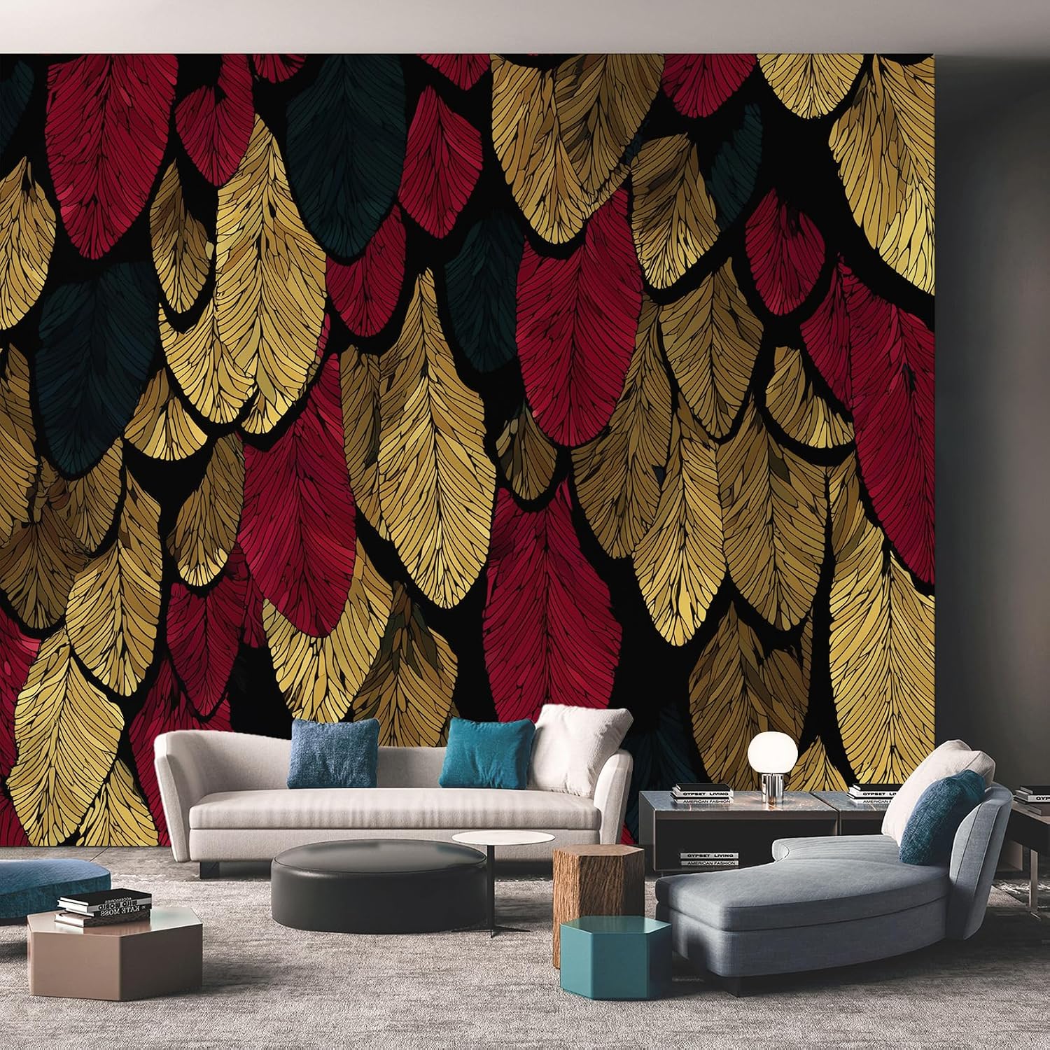 Generic Feather Wallpaper & Wall Murals, 151" W x 105" H - Black Red Gold Wall Mural Decoration, Feather Home Decor for Bedroom, Living Room, Waterproof - Not Peel and Stick - Ha8926