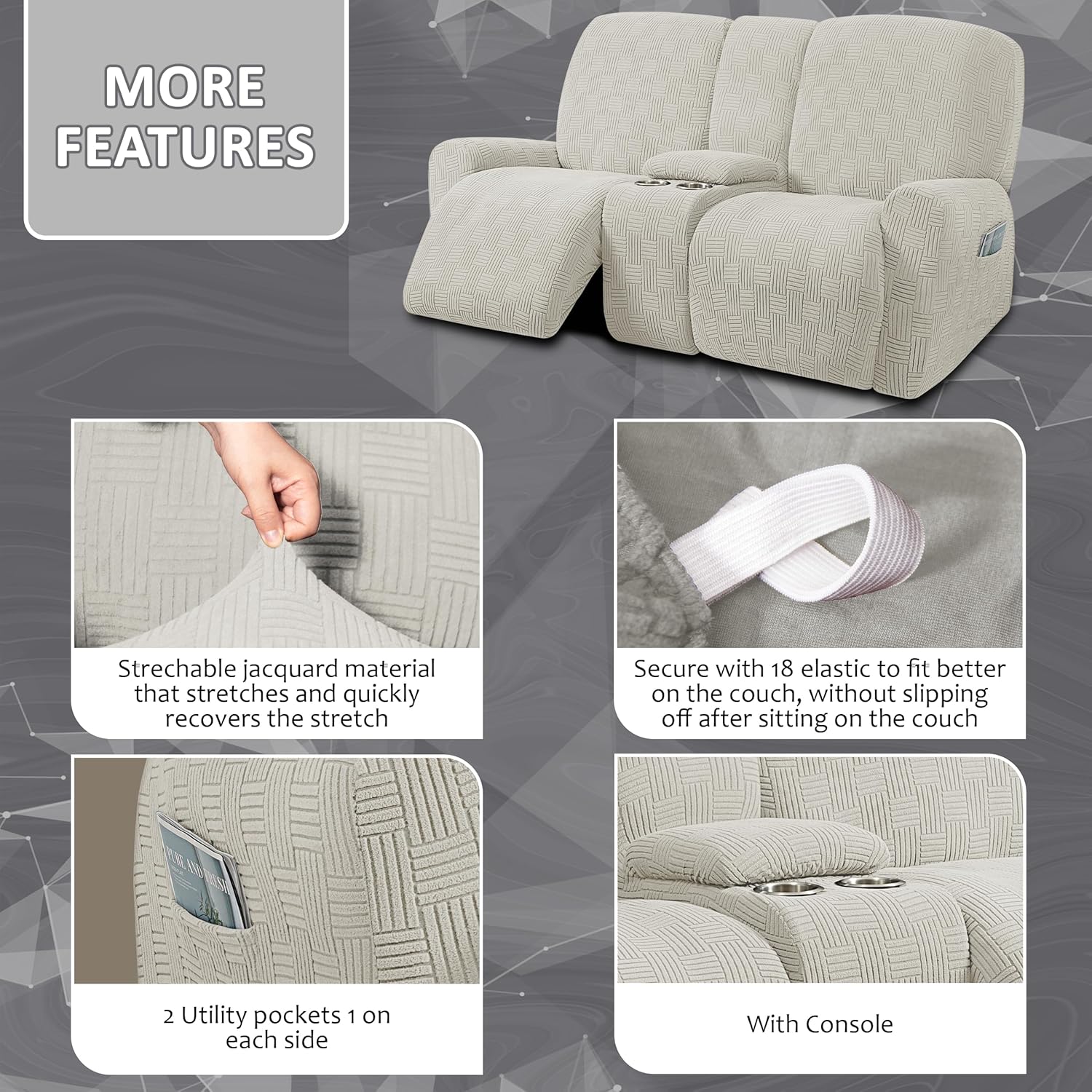 ULTICOR Jacquard Design Reclining Loveseat with Middle Console Slipcover, 8-Piece Stretch Sofa Covers, 2 seat Loveseat Recliner Cover, Washable (Style 4) (Ivory)