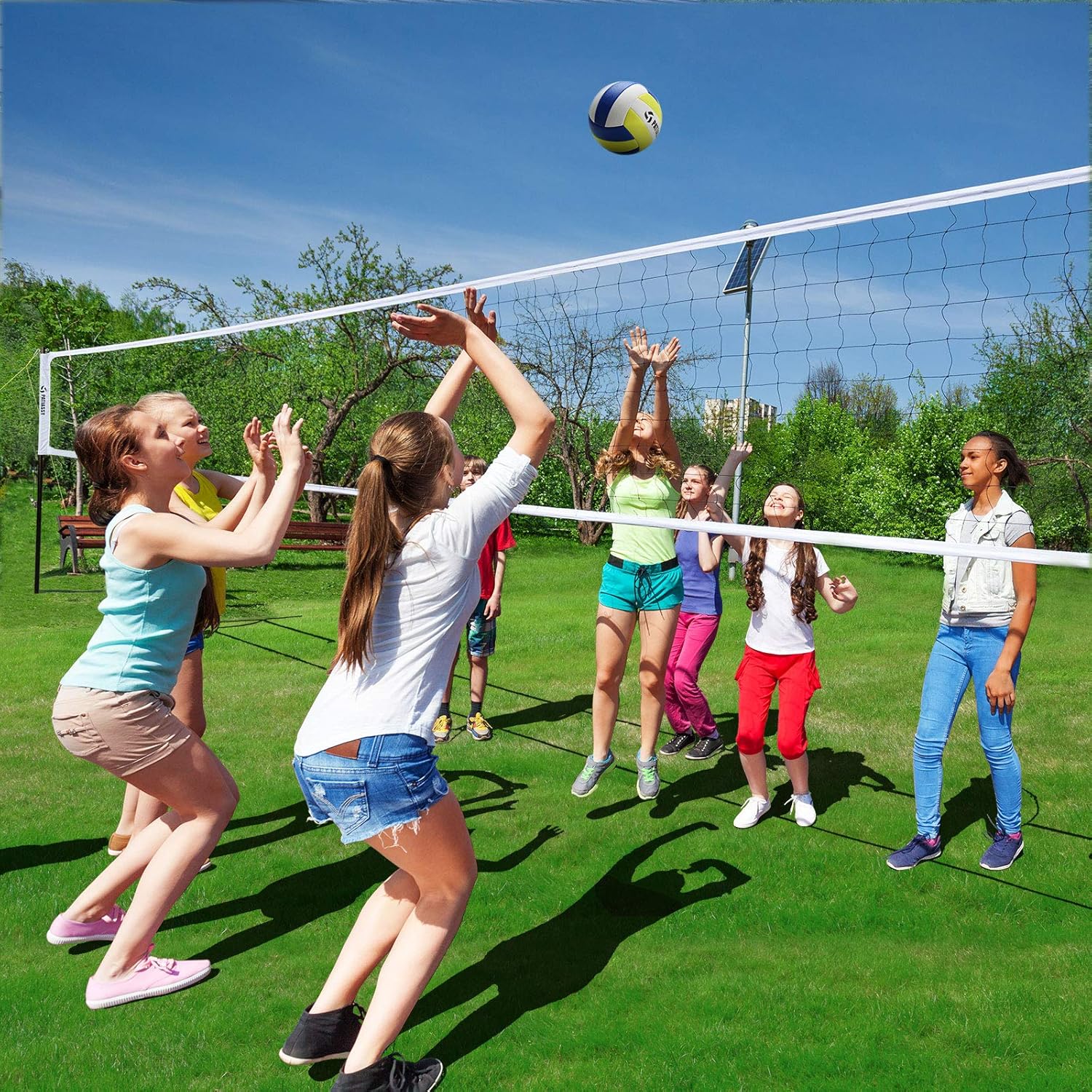 Patiassy Portable Professional Outdoor Volleyball Net Set with Adjustable Height Poles, Winch System, Volleyball with Pump and Carrying Bag for Backyard Beach, White : Sports & Outdoors