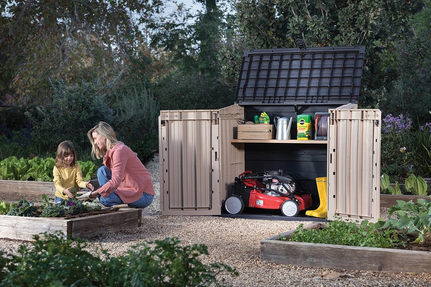 Keter Store It Out Midi storage shed with open top and doors, showing interior.