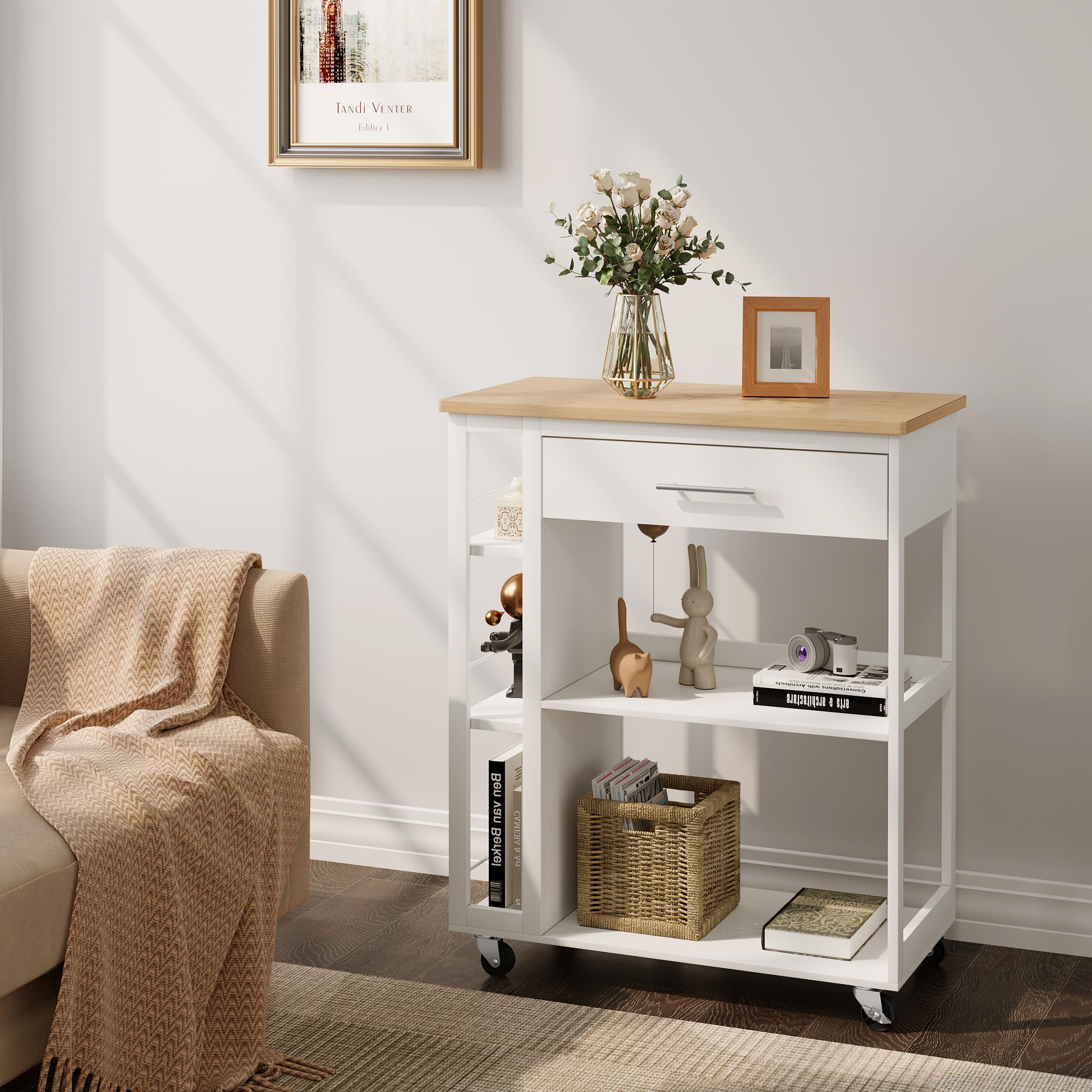 WOLTU Carrito Cocina de 3 Estantes y 1 Cajon Grande, Carro Camarera con Ruedas, Estanteria de Almacenamiento Estilo Moderno, para Cocina, Salón y Comedor, 73x38x88 cm, Color Bambú + Blanco, RW051eiw