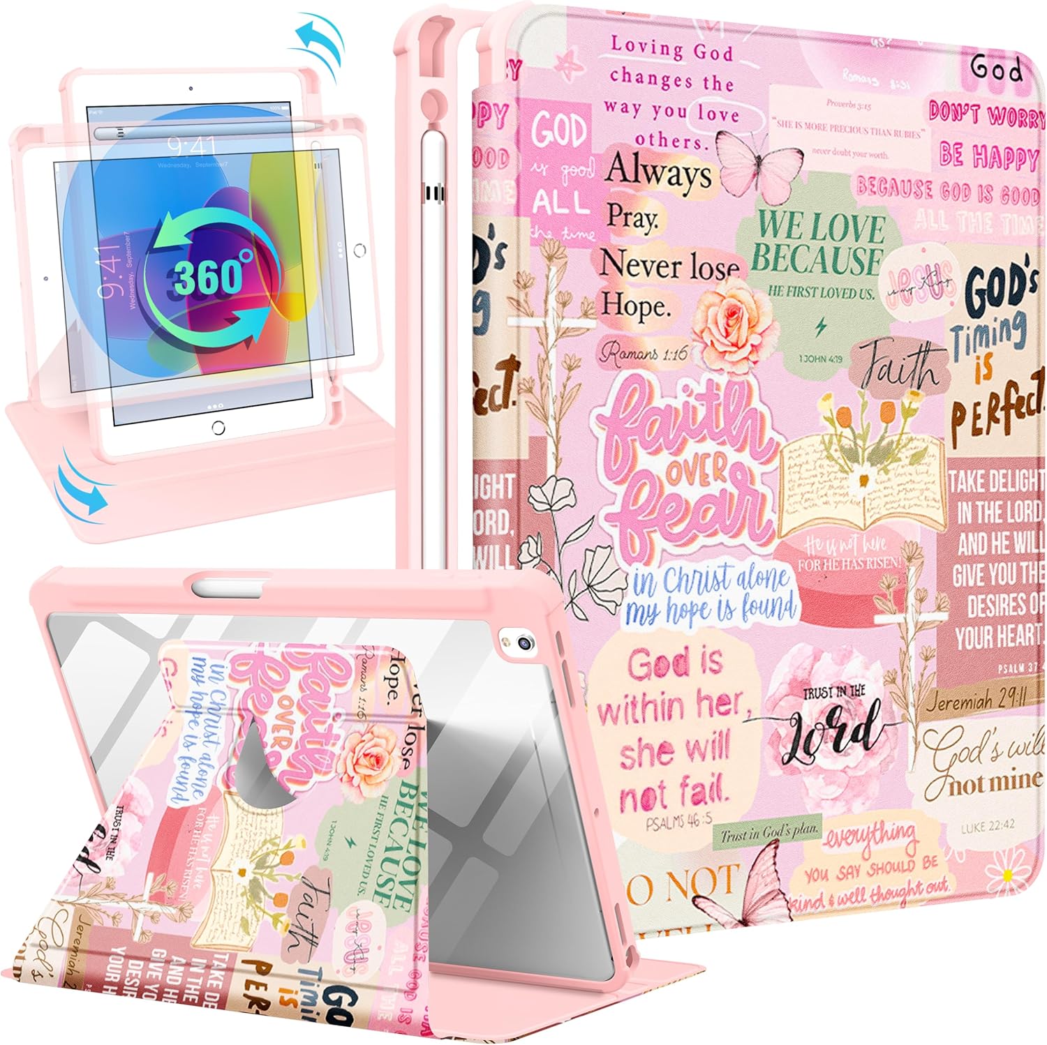 Uppuppy for iPad 9th/8th/7th Generation Case for iPad Air 3rd/ Pro 10.5” Case - 360 Rotating Stand Folio Smart Cover with Pencil Holder for Women, Christian Words for Apple Tablet 7/8/9 Gen 10.2 inch