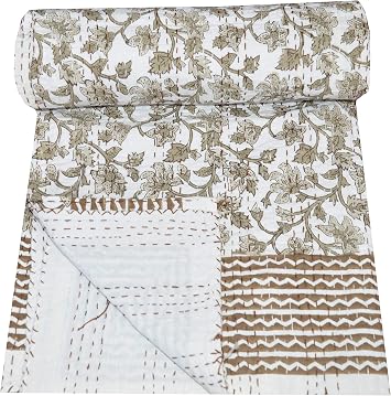 Handmade Twin Kantha Quilt 100% Cotton Floral Block Print Bedspread Throw