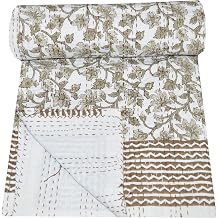 SHIRANYA Handmade Cotton Kantha Quilt Bedspread Indian Floral Patchwork Reversible Throw Blanket, Hand Stitched Kantha Bedding Twin-90x60 Inch