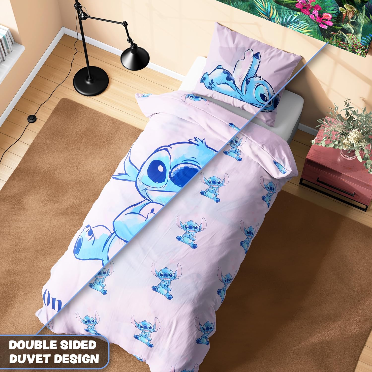 Disney Stitch Duvet Cover and Pillowcase Set, Single or Double Size, Bedroom Accessories for Kids Teens (Pink Stitch Single)
