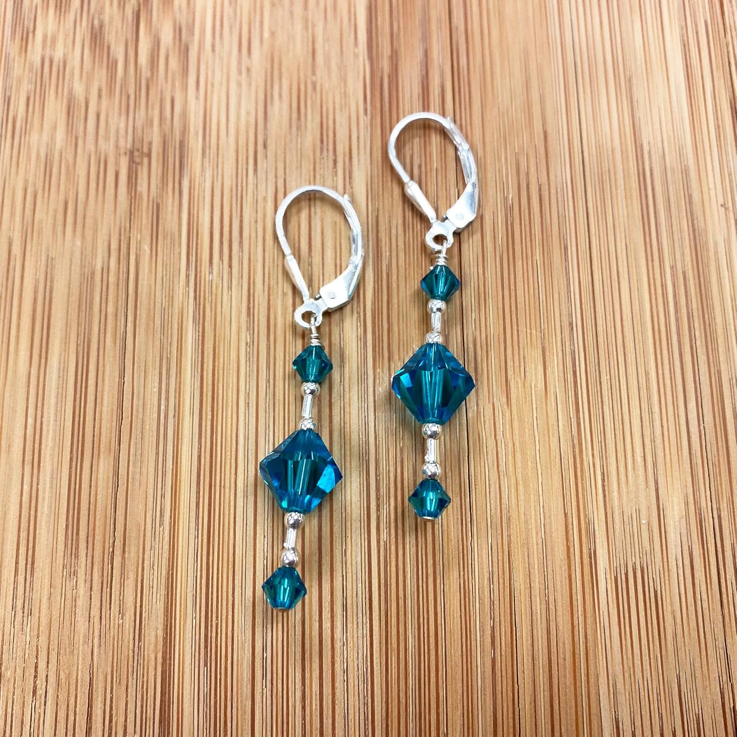 Handmade 925 Sterling Silver Leverback Dangle Earrings with 7mm and 3mm Bicone Austrian Crystals