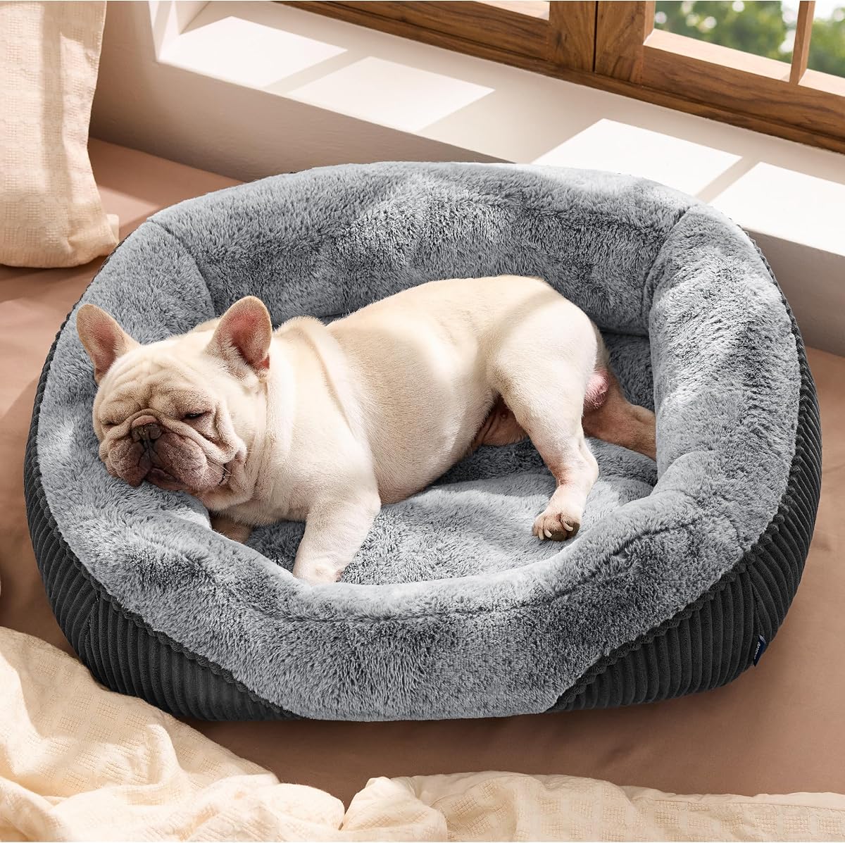 Bedsure Washable Dog Bed Medium Size Dog Rectangle Big Pet Bed,30x24x8in | Soft Comfy Corduroy Fleece,Faux Fur Plush,Nonskid Bottom,Suitable for Dogs Up to 35lbs,Grey